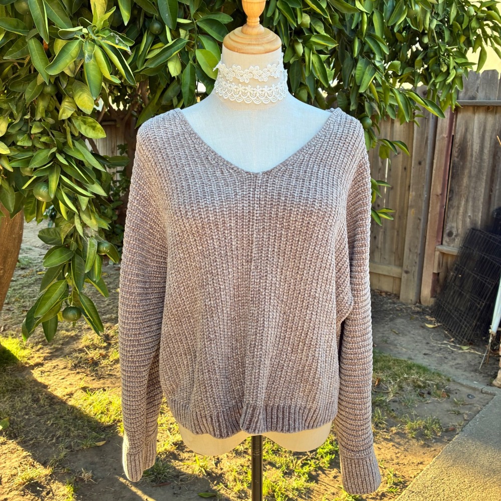 Pink Rose Chenille V-Neck Sweater Tan Mocha Ribbed Knit Pullover M